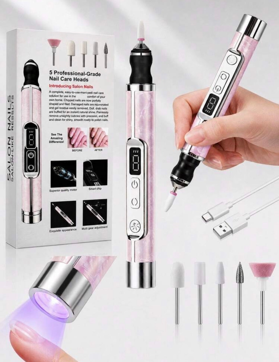 Electric Nail File | Drill Machine Tool For Presson Nails | UV Lamp Included on the other Side | Rechargable | High Quality