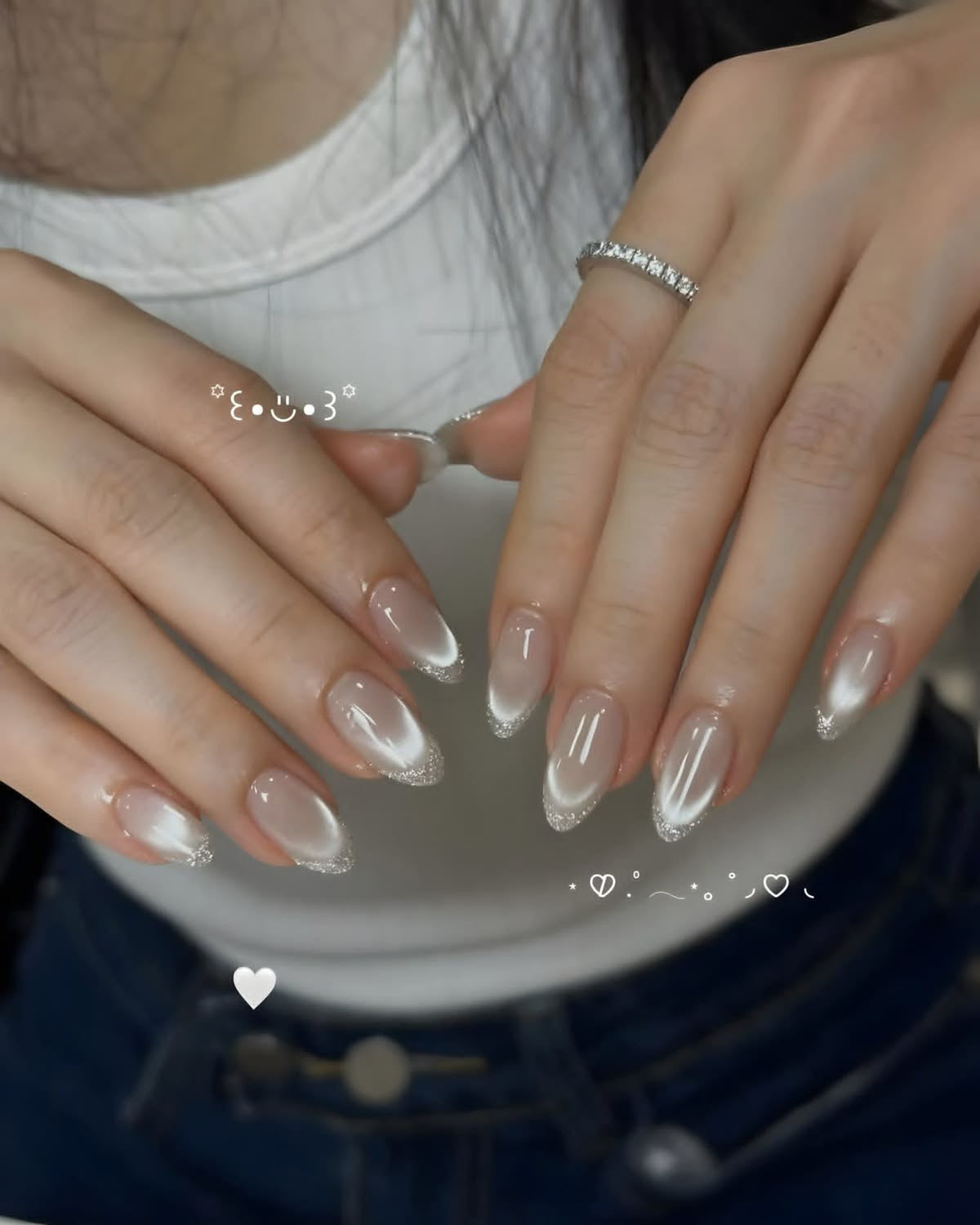 Cat Eye French Effect With Silver Glitter Tips