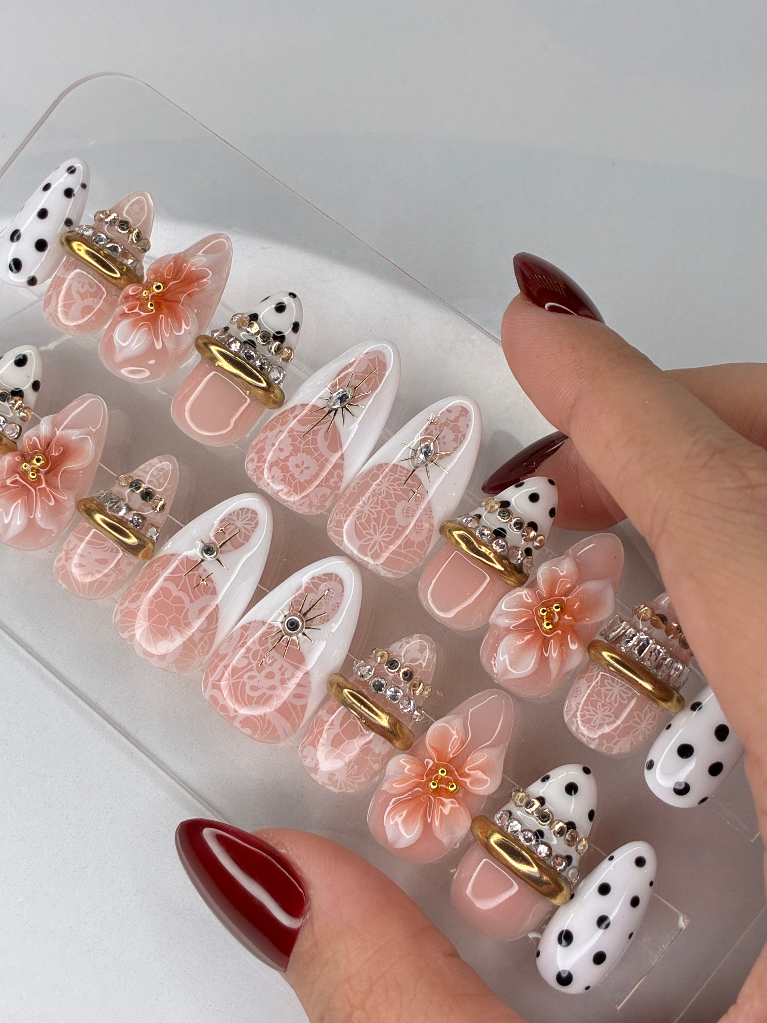 Luxurious French Lace 3D Rings Floral Polka Dot Nails