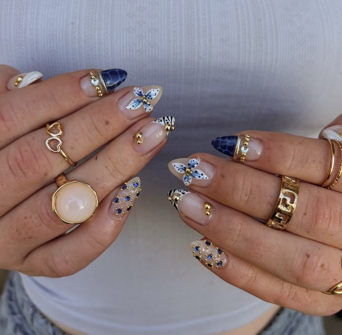 Blue Gold Abstract 3D Nails
