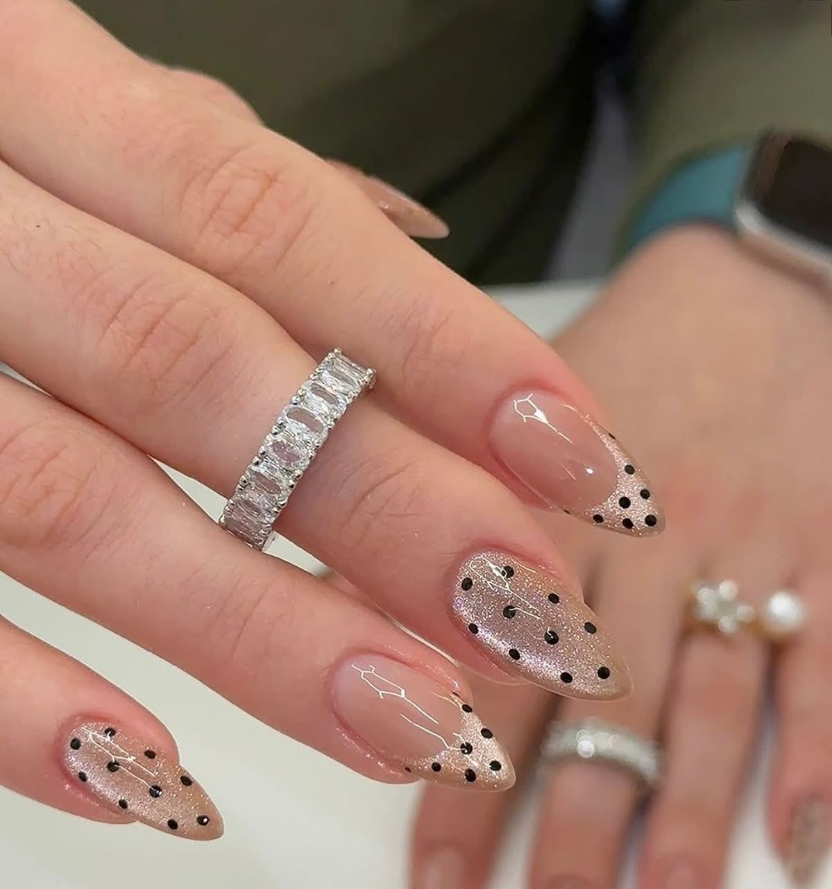 Nude Greyish Cat Eye French Polka Dot Nails