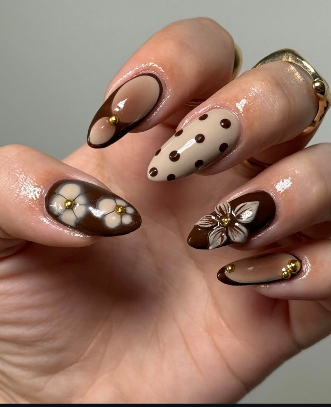 Brown Abstract Polka Dots With 3D Flower