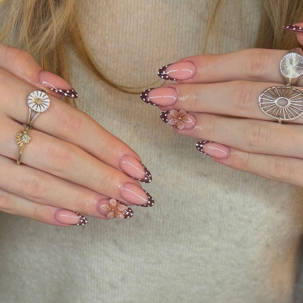 Brown French Polka Dot 3D Floral Nails