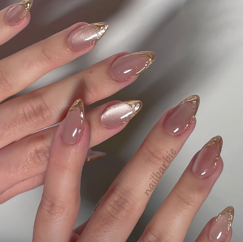 Pinkish Cat Eye Gold Chrome French Nails