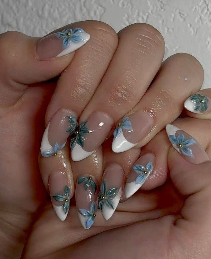 White French Abstract 3D Floral Nails
