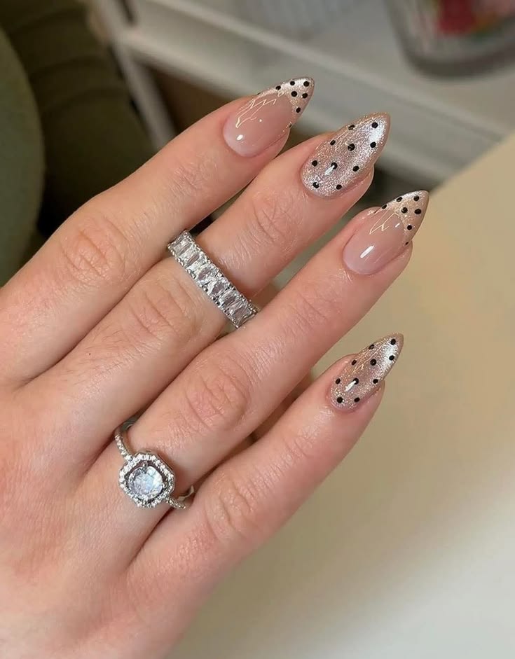Nude Greyish Cat Eye French Polka Dot Nails